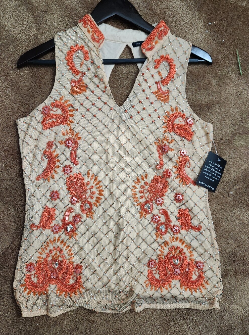 Boston Proper Beige Sleeveless Embroidered Camisole with Orange Accents